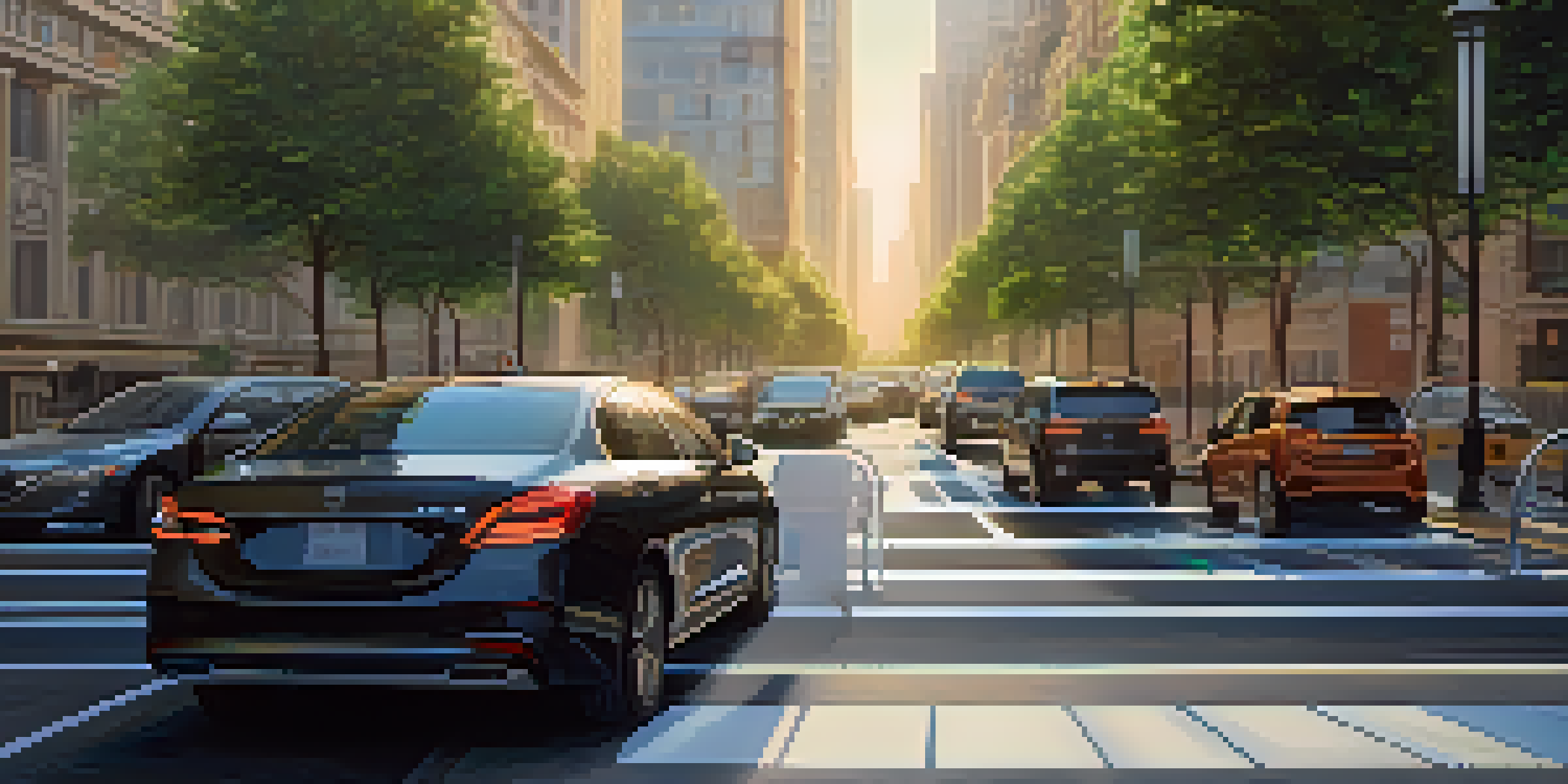 A driver uses a mobile app to find parking in a busy city street with modern buildings and greenery.