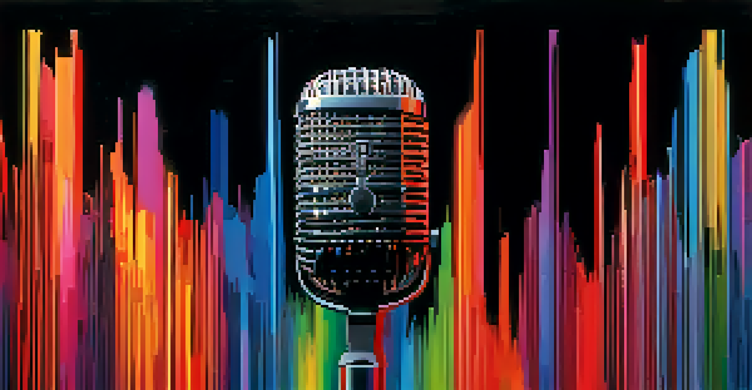Colorful sound waves radiating from a microphone, illustrating the concept of voice recognition technology.