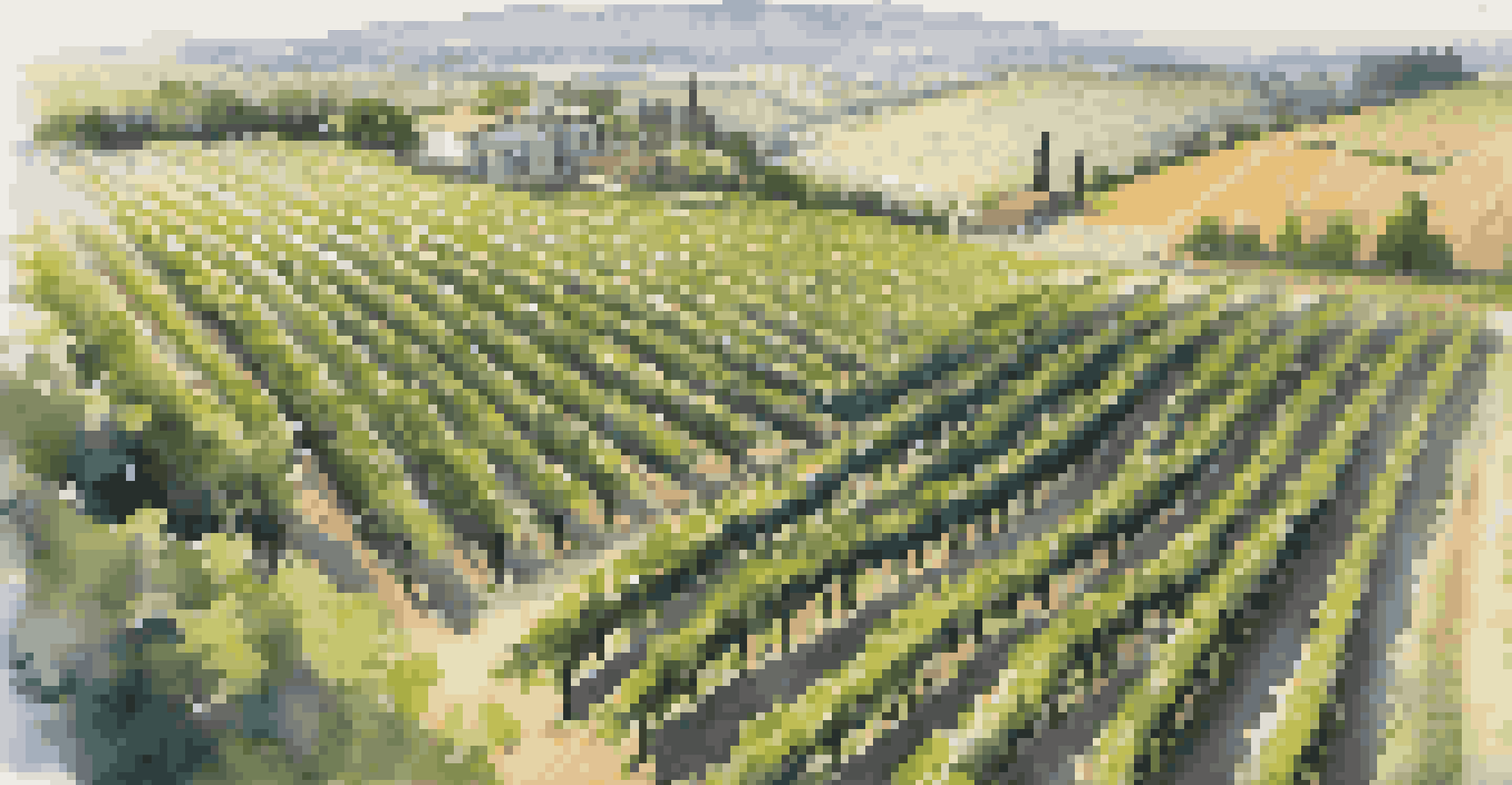 Aerial view of a vineyard with sensors and edge computing technology, showcasing rows of grapevines under bright sunlight.