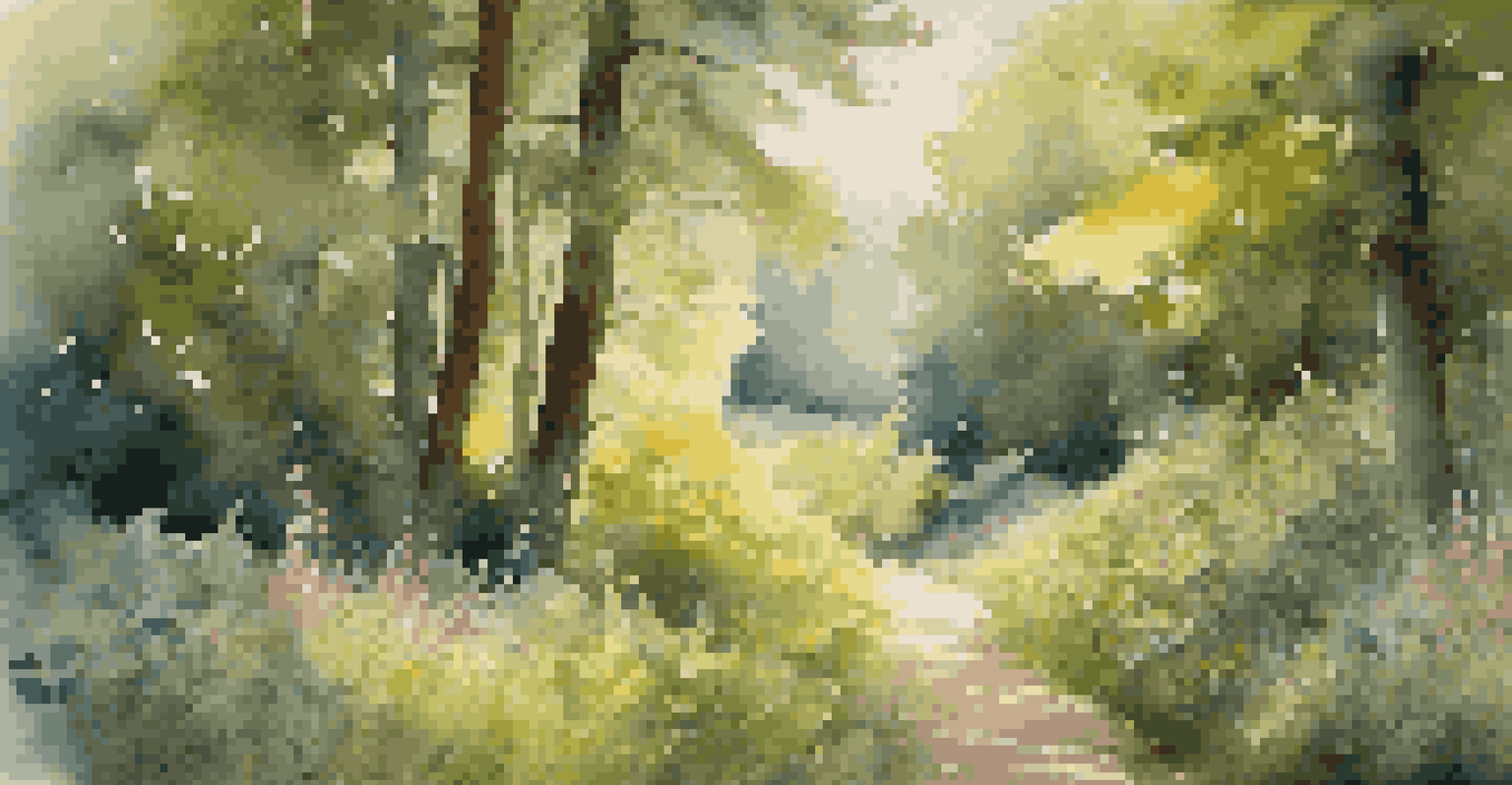 A winding path through a vibrant green forest, illuminated by sunlight with wildflowers in the foreground.