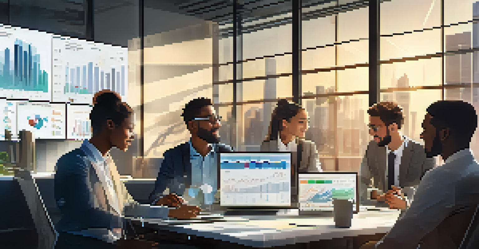 A diverse team working together around an interactive data visualization dashboard in a bright modern office.