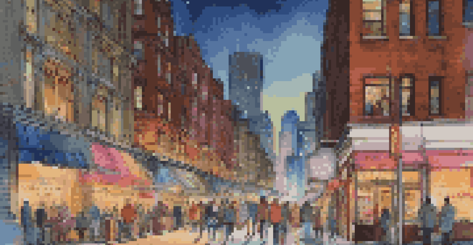 An evening city street filled with neon lights, people walking, and outdoor cafes.