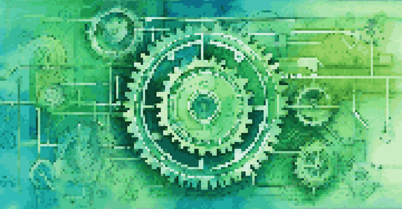 An abstract image depicting Continuous Integration with interconnected gears and code snippets against a blue and green gradient background with circuit patterns.