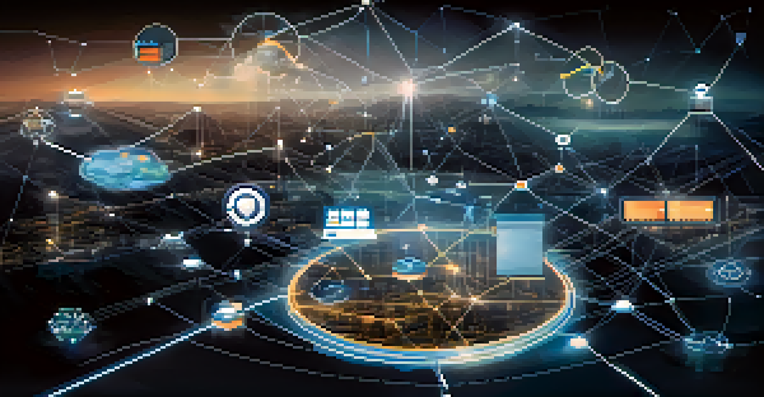 A digital landscape representing cloud technologies with interconnected nodes and compliance regulation icons.