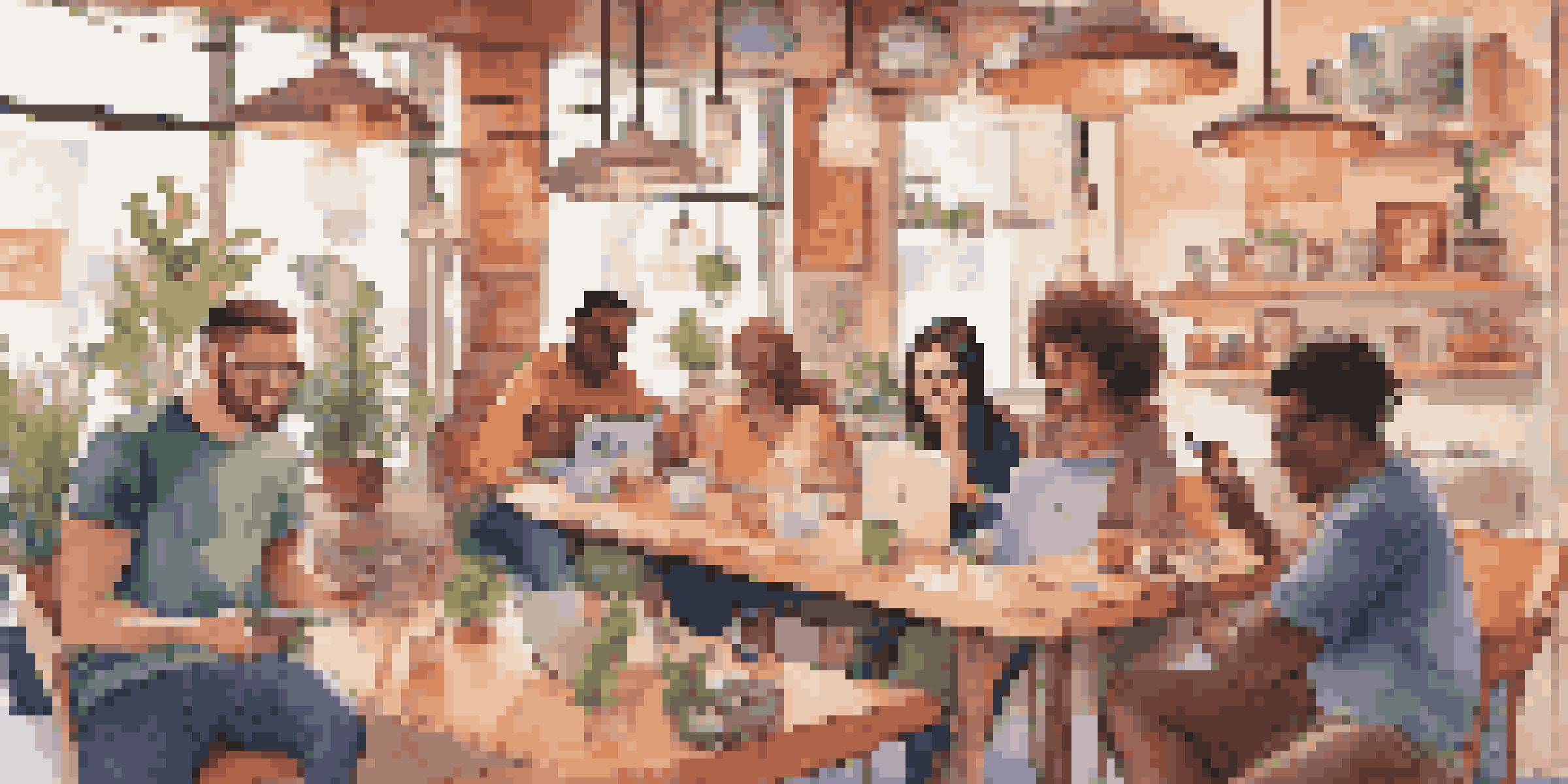 A diverse group of people in a cozy café, engaged with their social media on different devices, displaying various emotions.