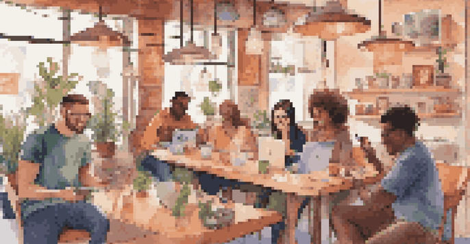 A diverse group of people in a cozy café, engaged with their social media on different devices, displaying various emotions.