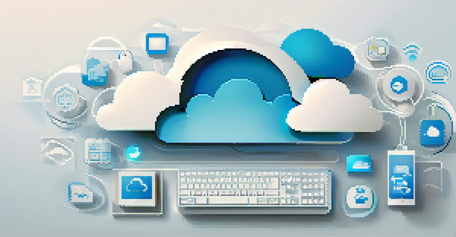 An illustration representing cloud computing with various SaaS application icons on a blue gradient background.