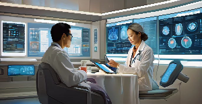 A doctor analyzing patient data on a tablet in a modern healthcare environment, with a patient sitting nearby.