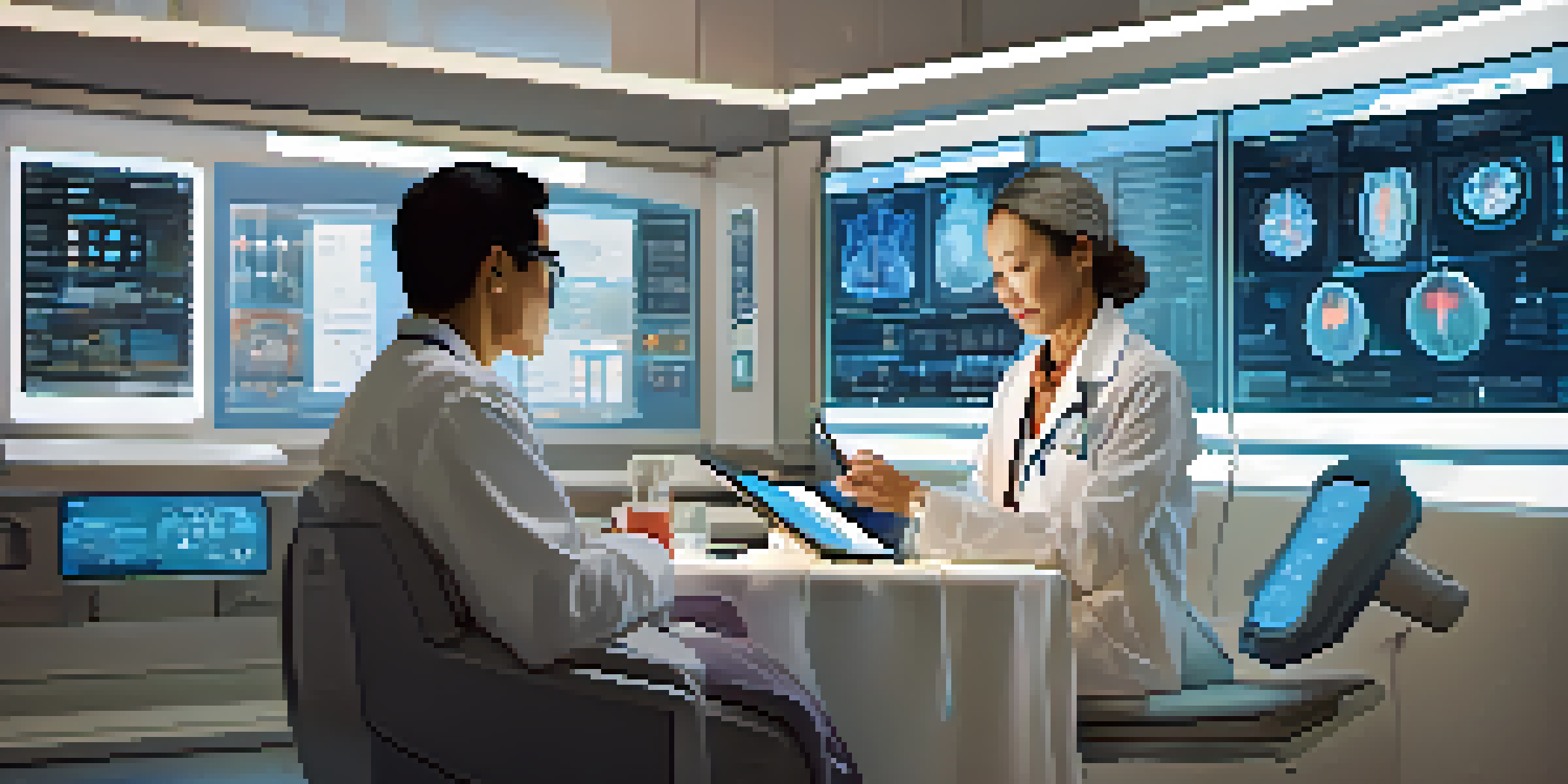 A doctor analyzing patient data on a tablet in a modern healthcare environment, with a patient sitting nearby.