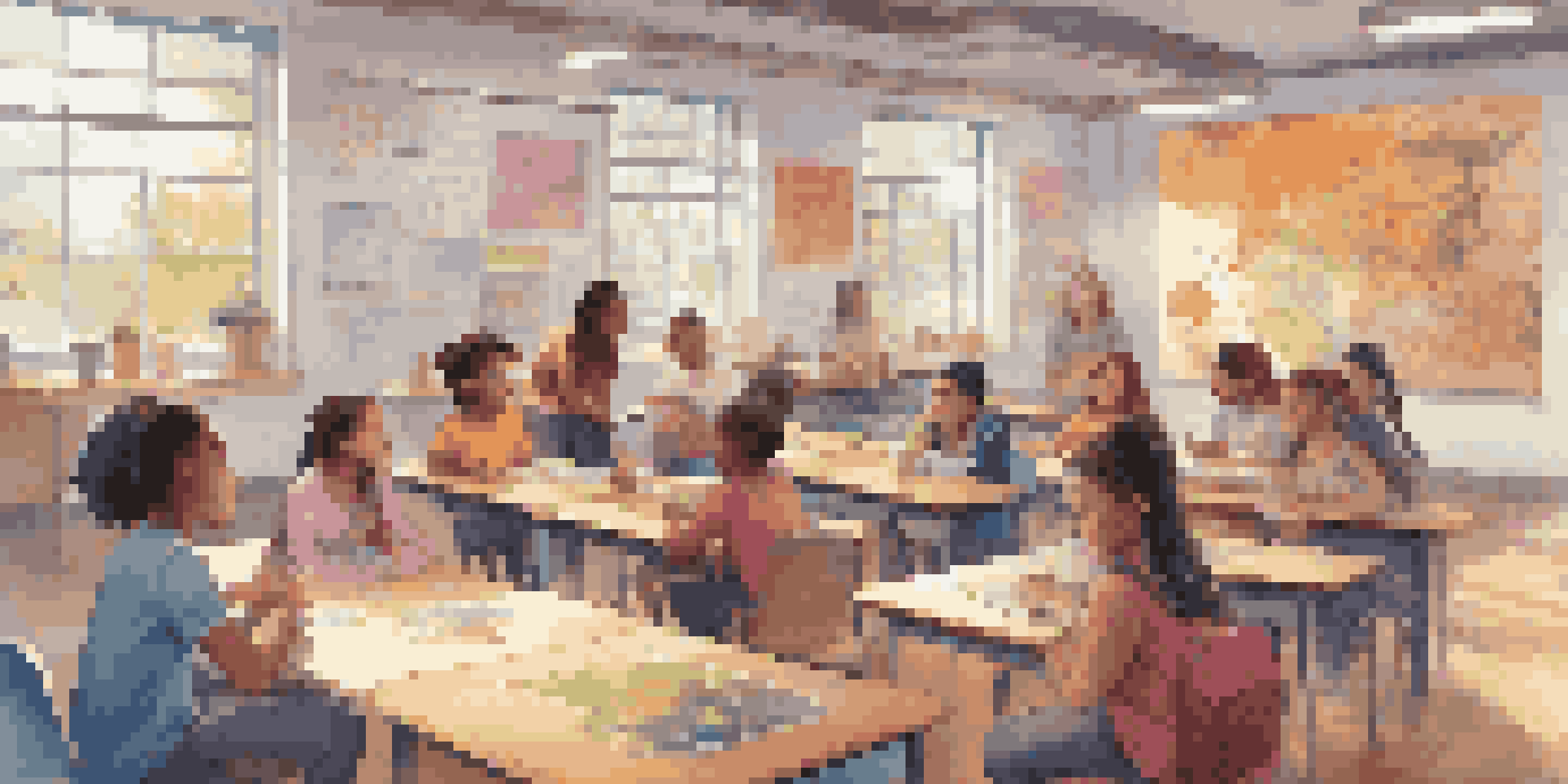 A bright classroom filled with diverse students actively participating in a gamified learning activity, displaying excitement and curiosity.