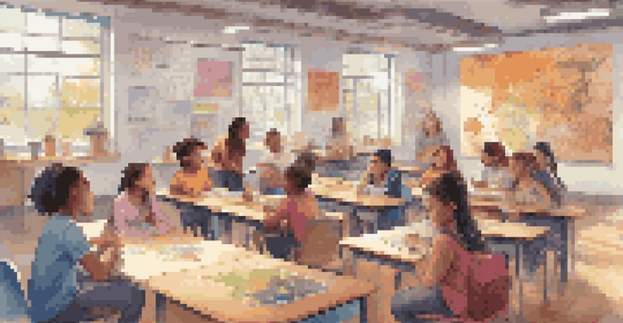 A bright classroom filled with diverse students actively participating in a gamified learning activity, displaying excitement and curiosity.