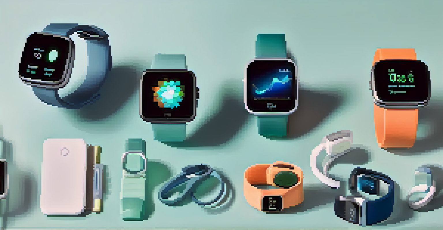 A collection of various wearable health devices including smartwatches and fitness trackers, displayed on a table with a calming blue and green background.