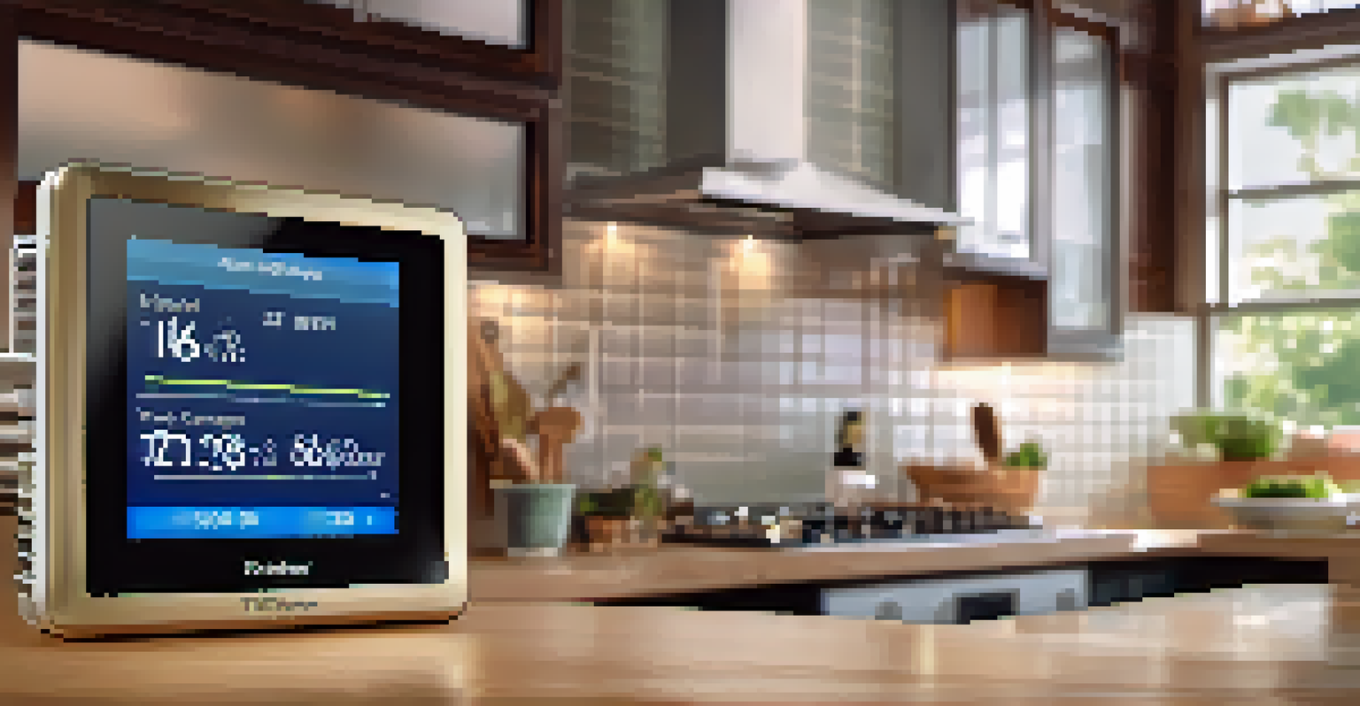 A smart meter in a kitchen setting, showing energy consumption data, with energy-efficient appliances and a smartphone displaying energy-saving notifications.