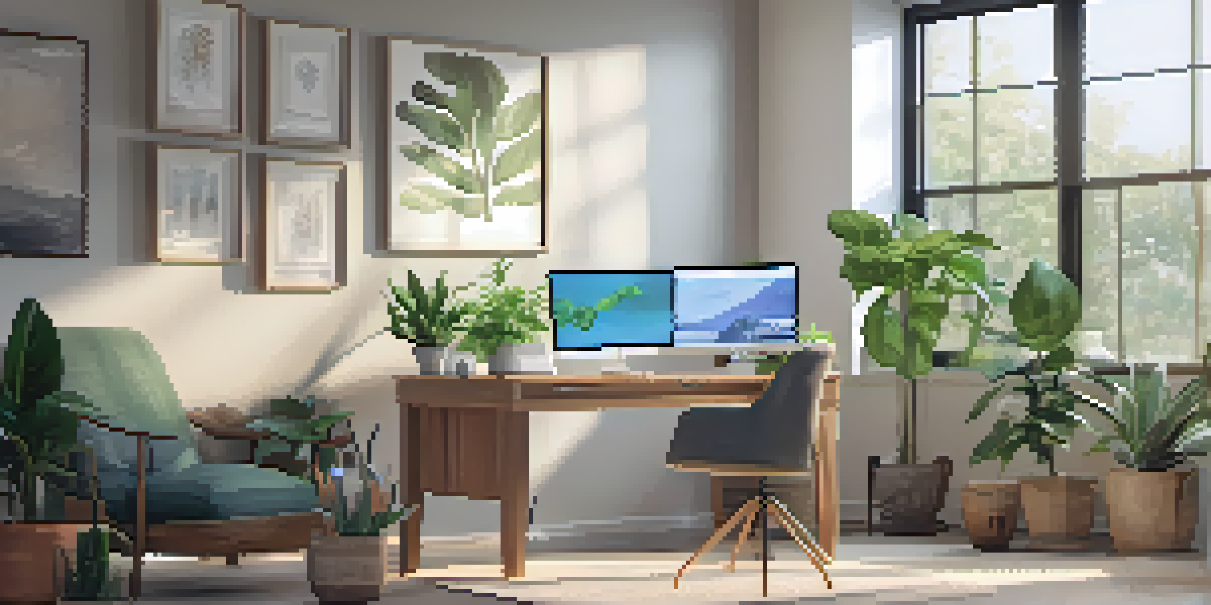 A cozy home office designed for employee well-being, featuring plants, a yoga mat, and a computer with wellness applications.