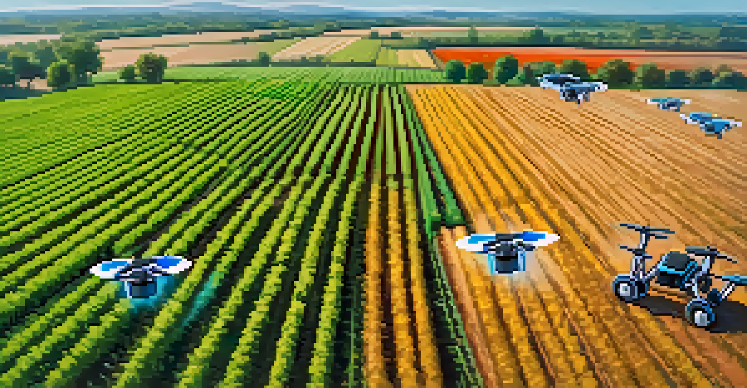 Drones flying over green fields with farmers using tablets to monitor crops, showcasing the integration of AI in agriculture.