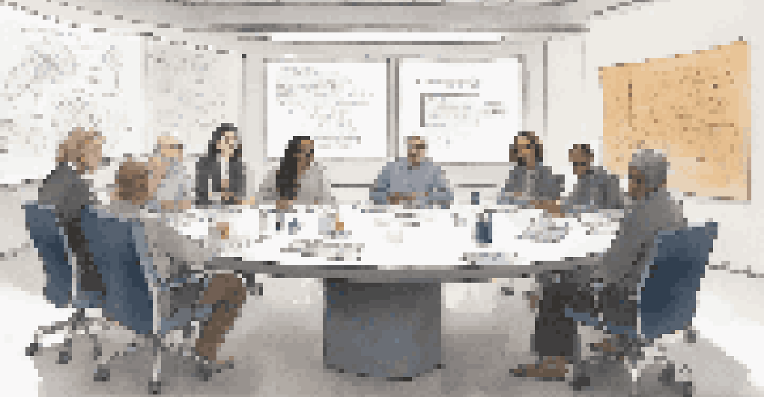 A diverse group of scientists engaged in a discussion about AI ethics, with documents and a whiteboard in a softly lit room.