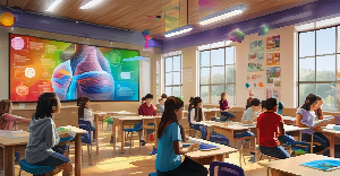 A classroom filled with students interacting with augmented reality devices, exploring 3D models of the human body.