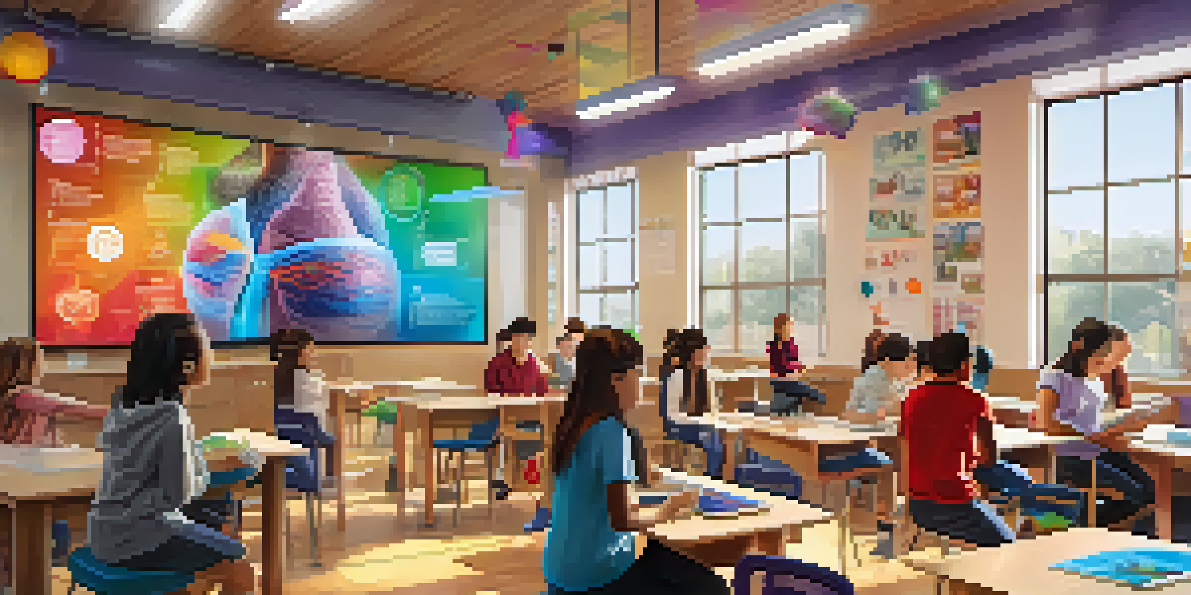 A classroom filled with students interacting with augmented reality devices, exploring 3D models of the human body.