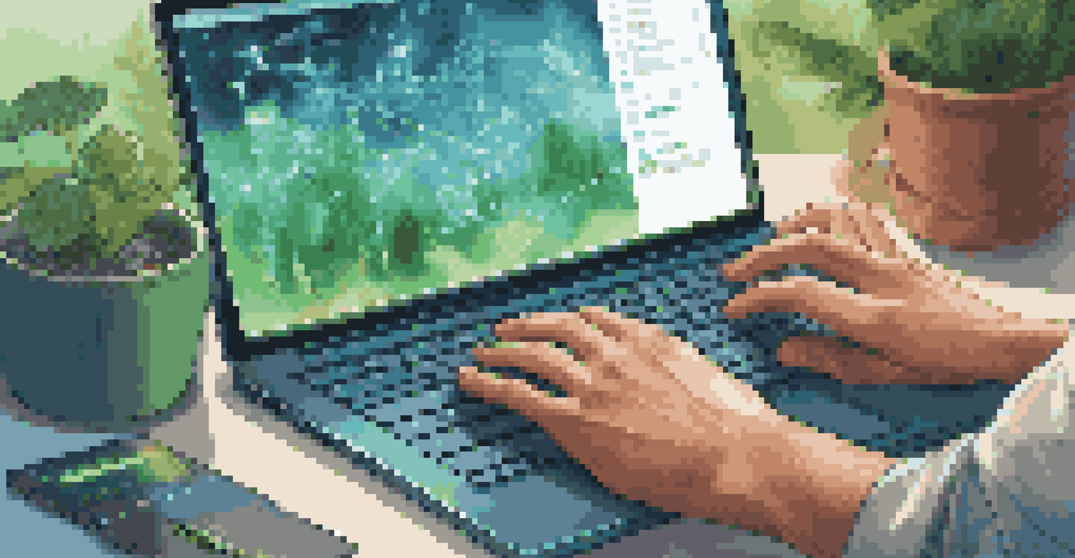 A close-up of hands typing on a laptop with an interface showing energy-efficient coding, surrounded by a nature-inspired background.
