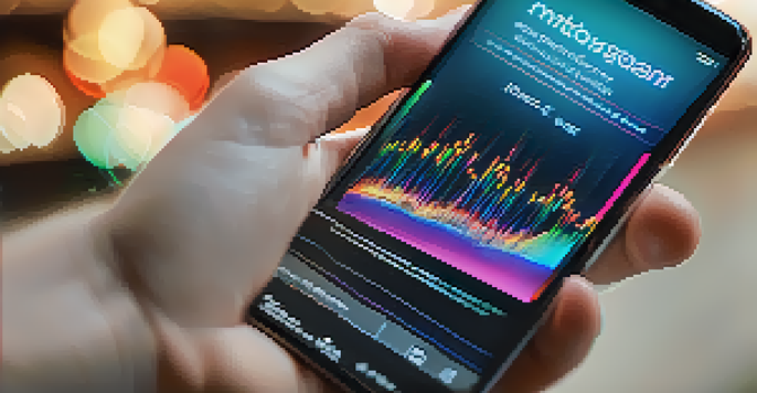 A smartphone screen showing a voice recognition app, with colorful waveforms and text appearing, set against a softly blurred background.