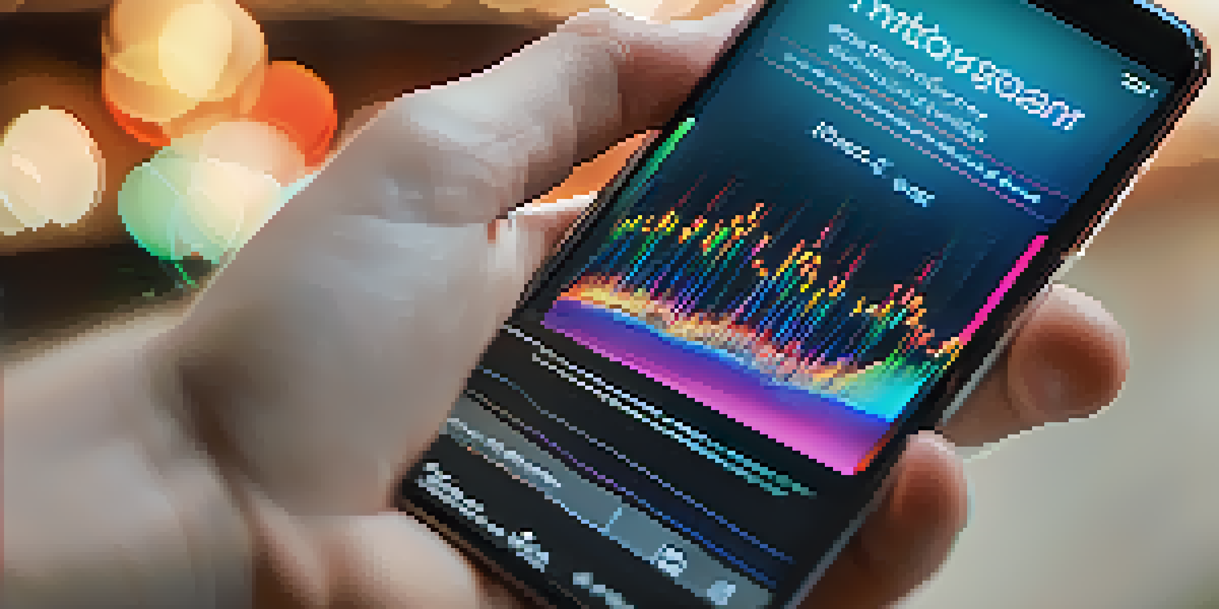 A smartphone screen showing a voice recognition app, with colorful waveforms and text appearing, set against a softly blurred background.