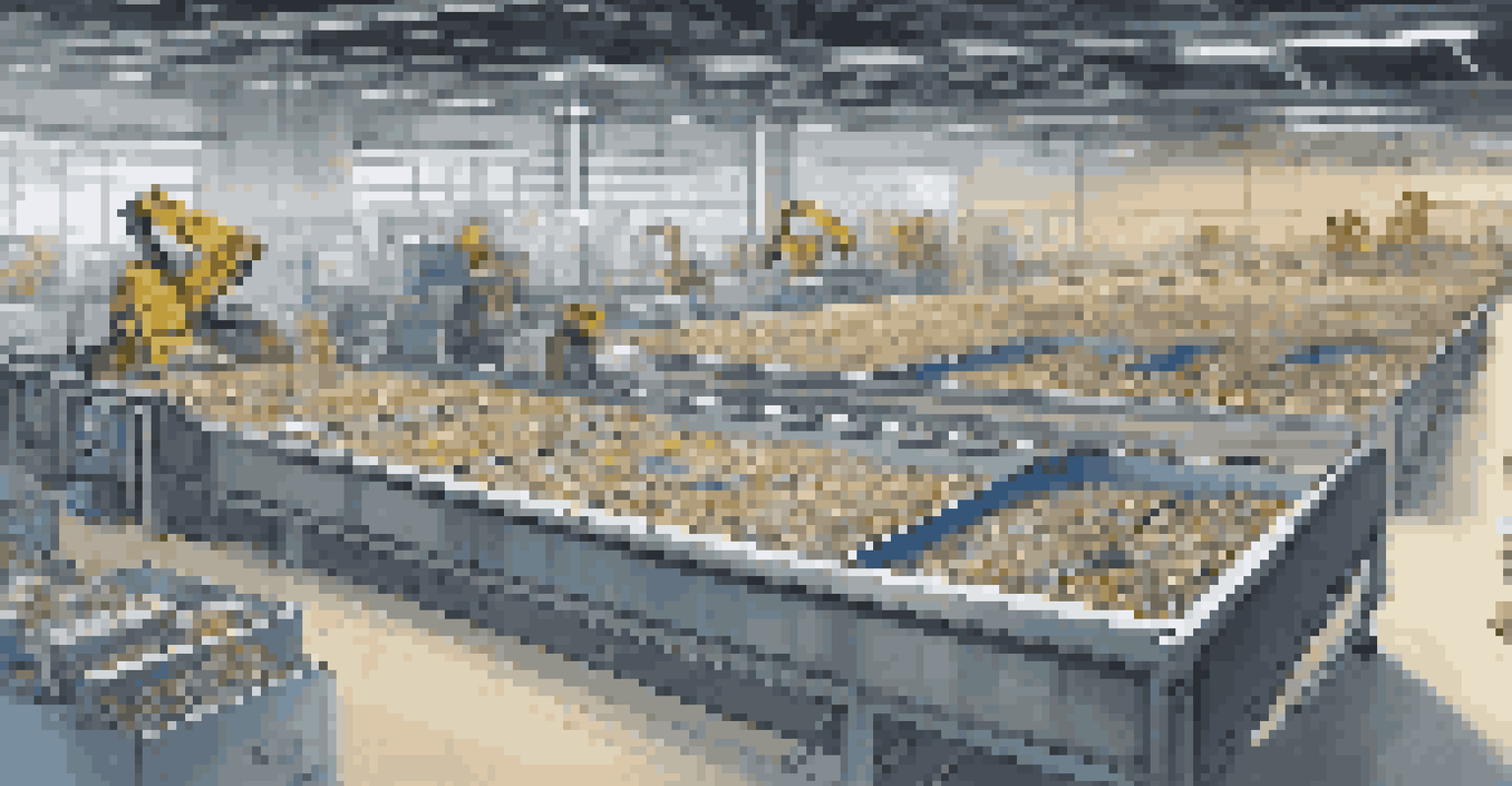 An indoor recycling facility with AI sorting technology, conveyor belt, and robotic arms sorting materials.