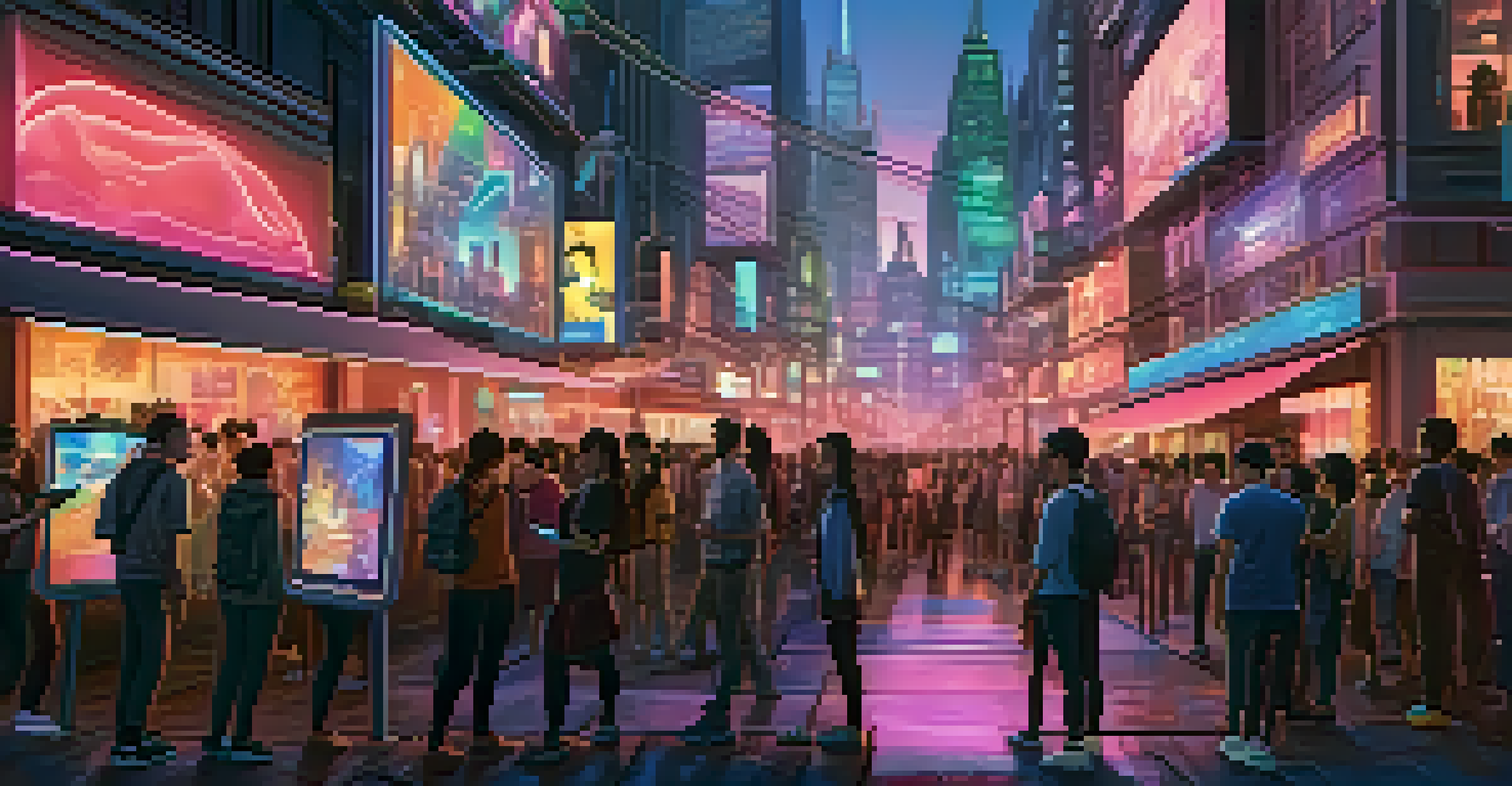 A futuristic cityscape at dusk with a crowd engaging with augmented reality advertisements and games amidst neon lights.