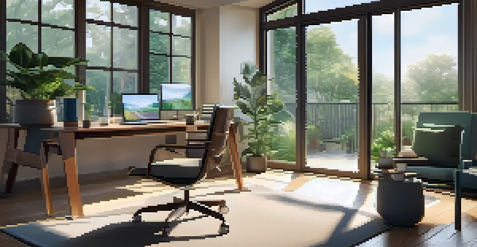 A modern home office with a view of a green garden, sunlight streaming through the window, and a sleek desk with a laptop and coffee cup.