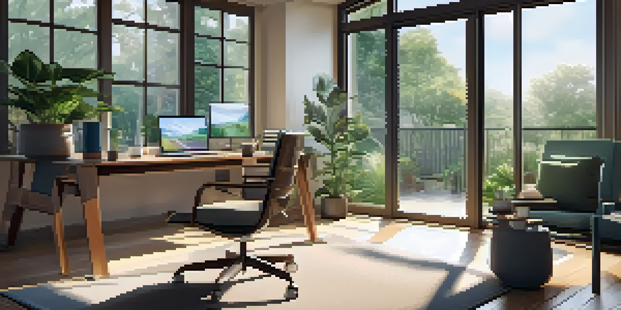 A modern home office with a view of a green garden, sunlight streaming through the window, and a sleek desk with a laptop and coffee cup.