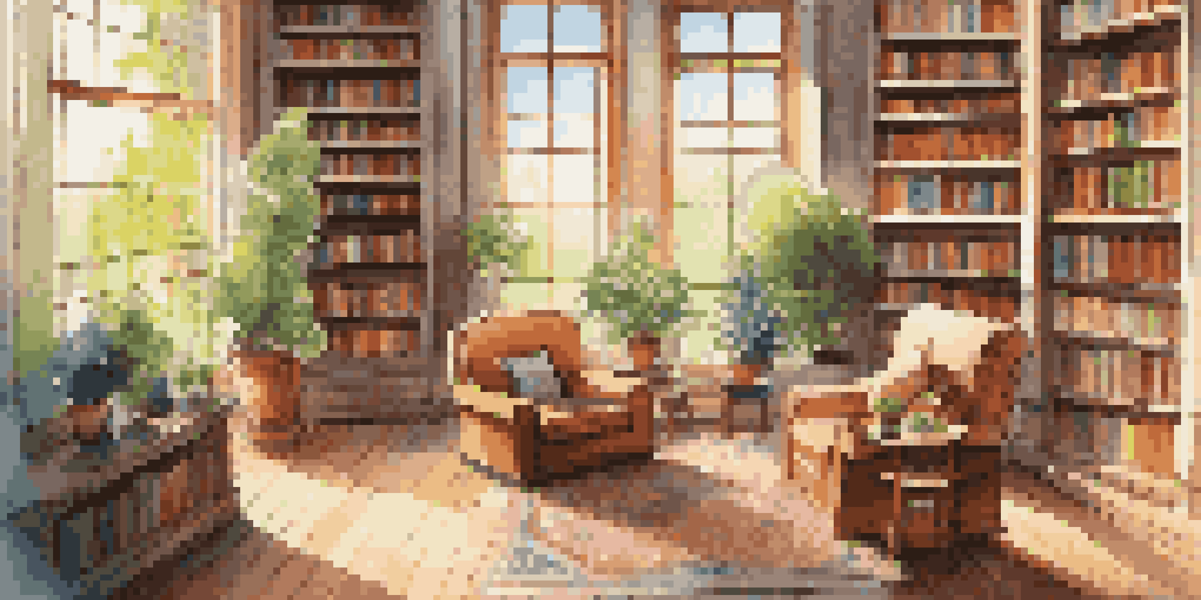 A cozy library with wooden bookshelves, soft sunlight, and a reading nook.