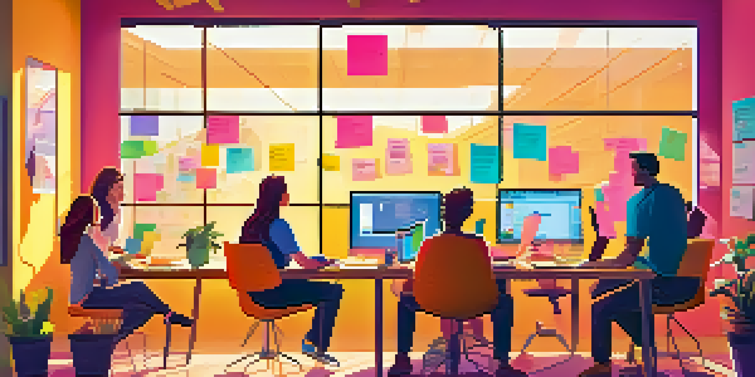 A diverse team of small business employees collaborating on an app design at a computer in a bright and modern office.