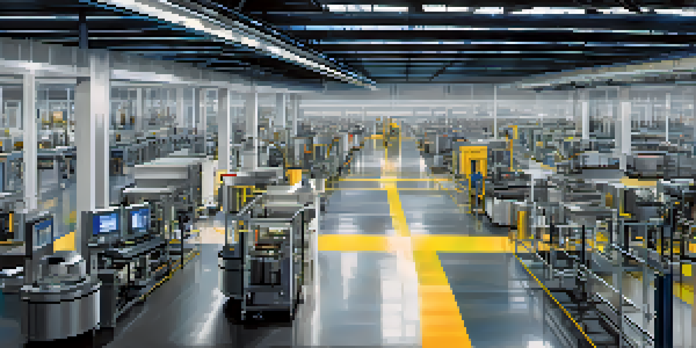 A modern manufacturing facility with advanced machines and real-time data displays, representing predictive maintenance technology.