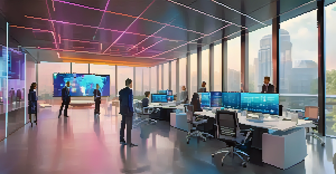 A modern office with a diverse group of professionals using advanced AI technology, surrounded by holographic displays of customer data.