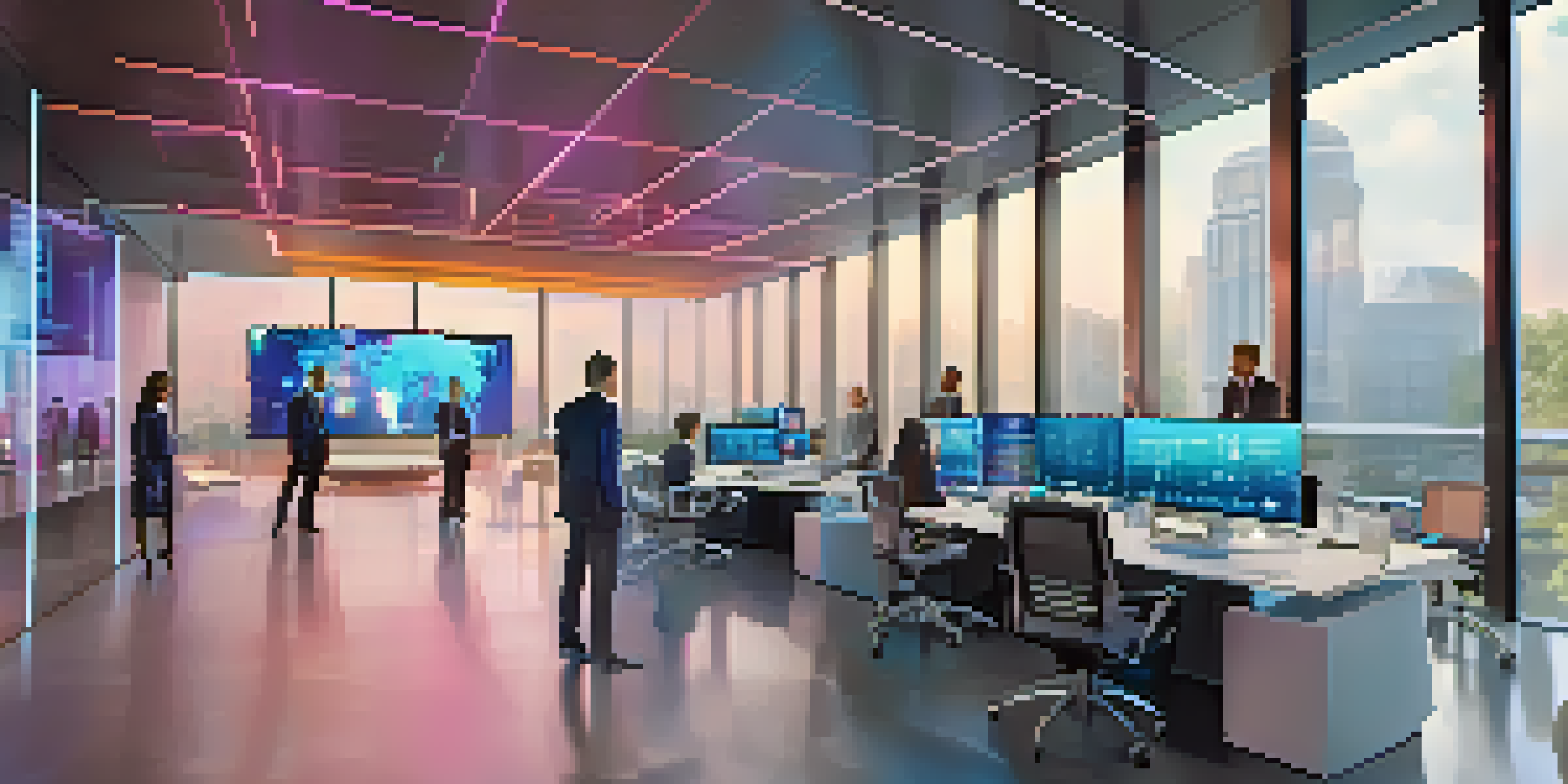 A modern office with a diverse group of professionals using advanced AI technology, surrounded by holographic displays of customer data.