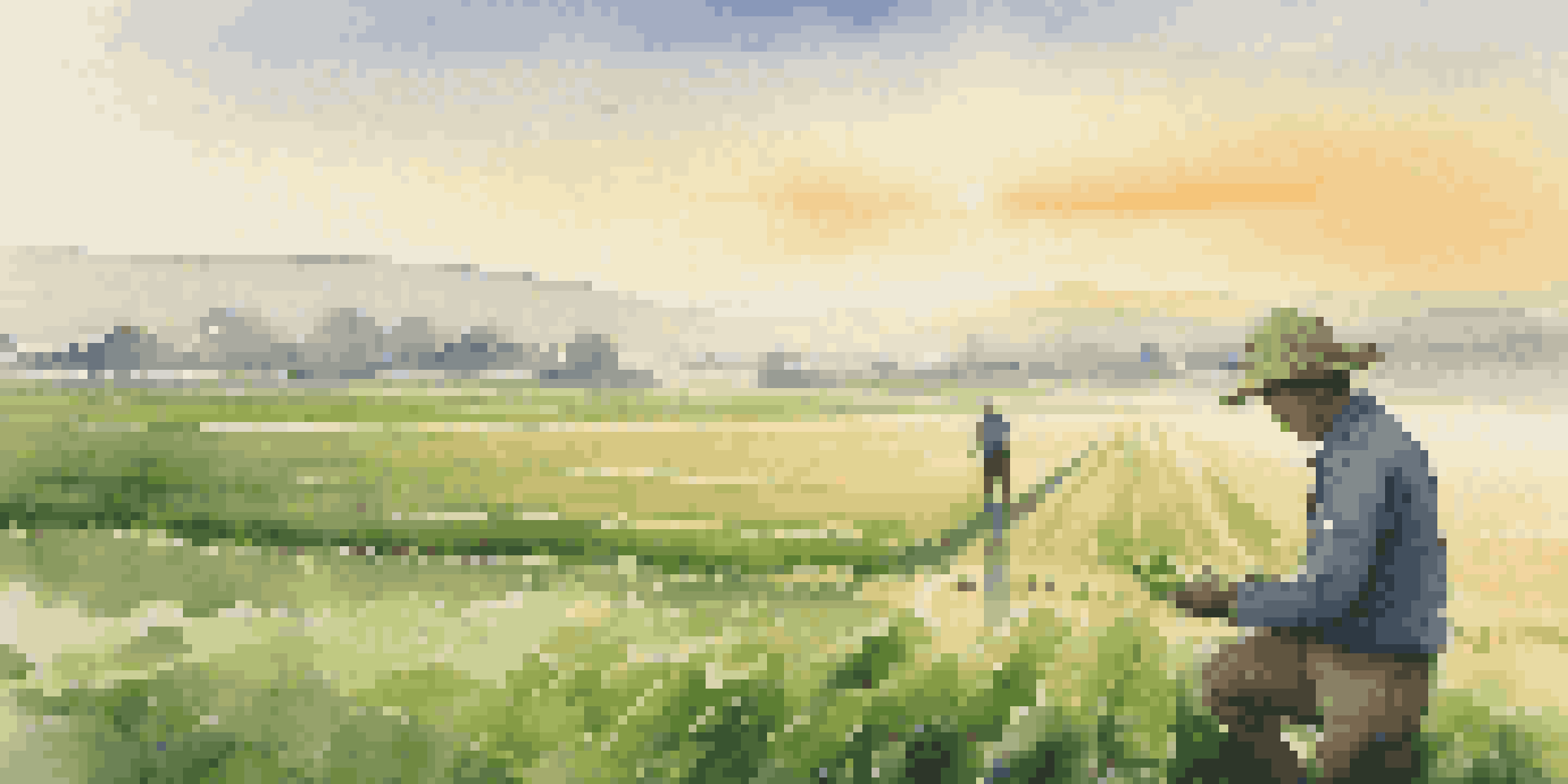 A farmer in a green field uses a device to check soil moisture as the sun rises, creating a peaceful morning scene.