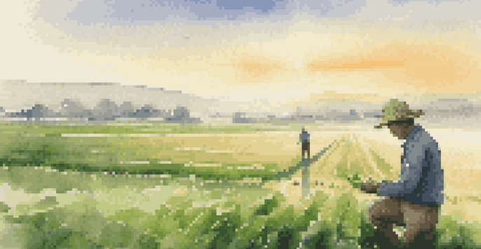 A farmer in a green field uses a device to check soil moisture as the sun rises, creating a peaceful morning scene.