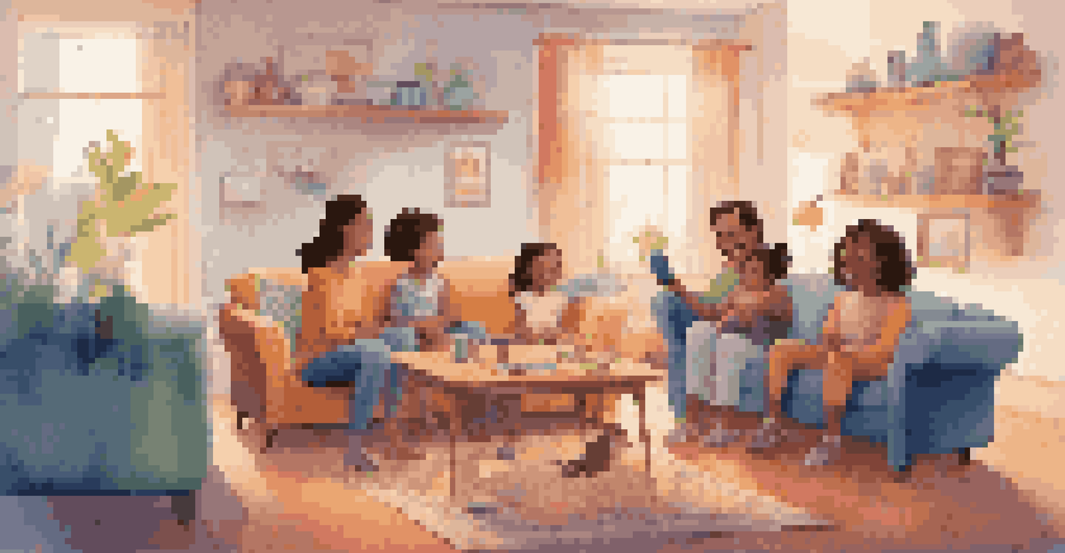 A family enjoying a voice-activated game around a smart speaker in a colorful living room, with happy expressions and a lively atmosphere.