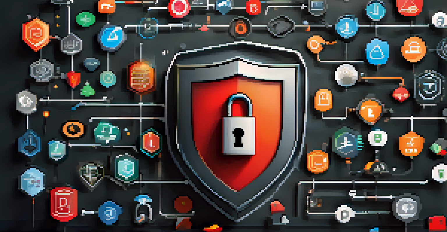 A visual representation of API security features, showcasing locks, shields, and authentication methods on a dark background with bright colors.