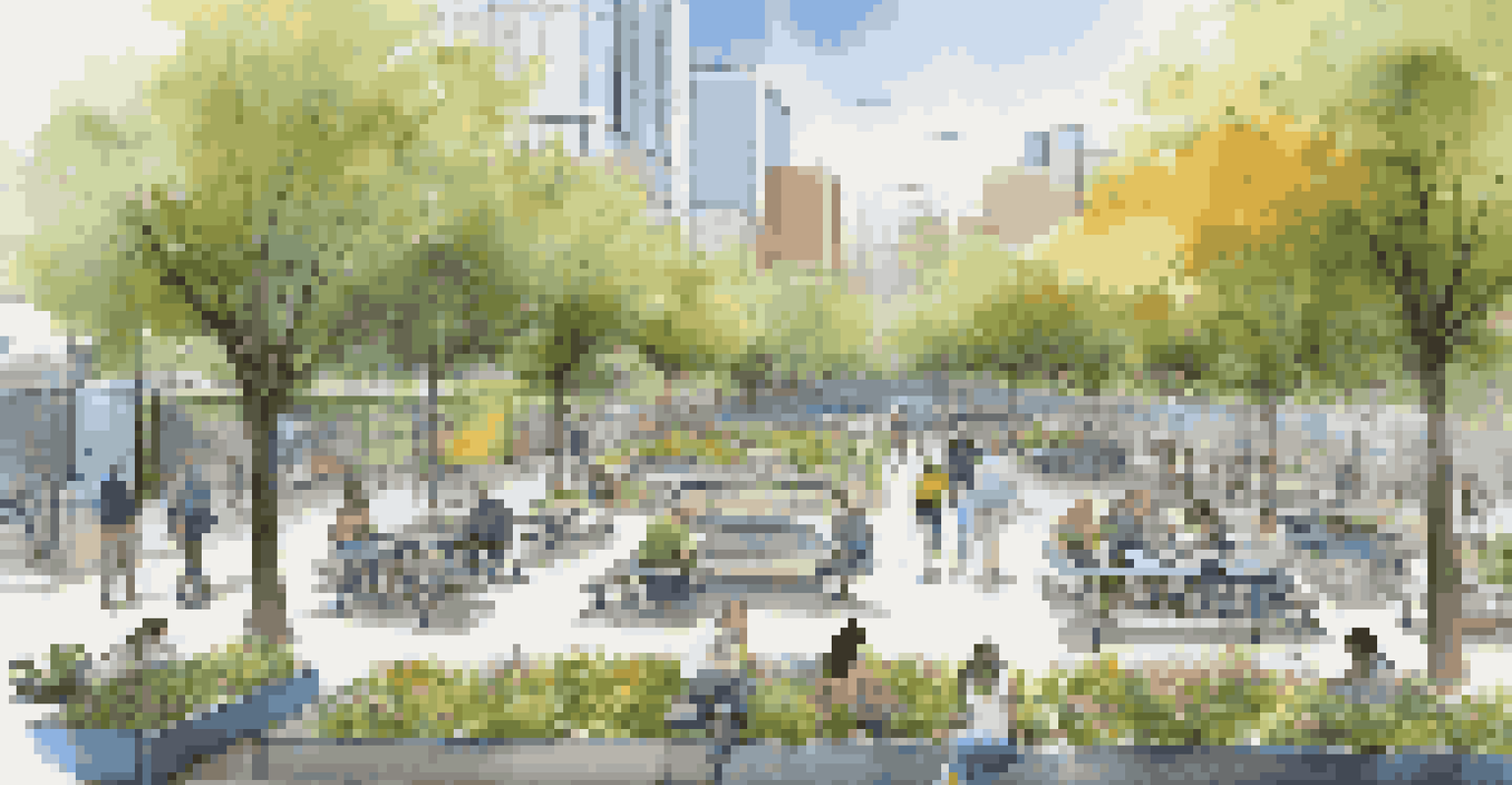 An aerial view of a smart urban park with IoT devices, featuring smart benches and air quality sensors, with people enjoying nature.