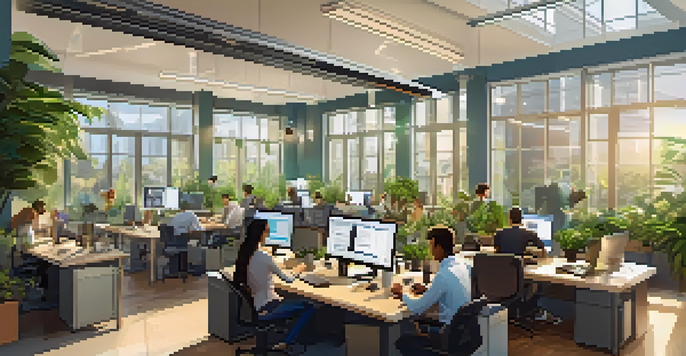 A diverse team of software testers working together in a bright office filled with plants, laptops, and automation tools.