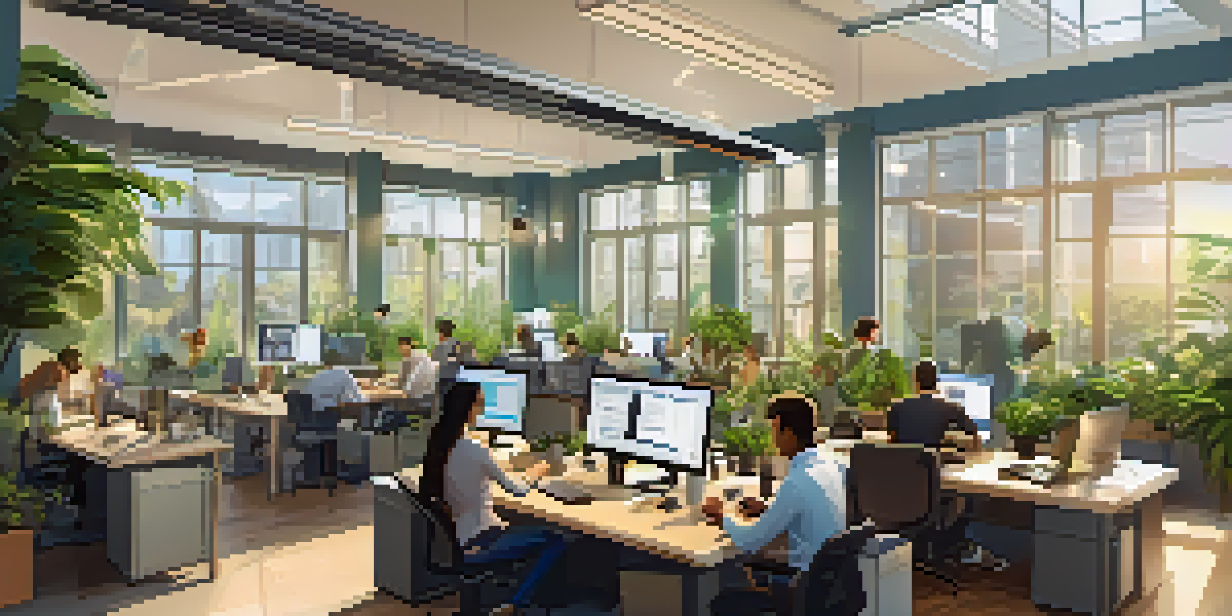 A diverse team of software testers working together in a bright office filled with plants, laptops, and automation tools.