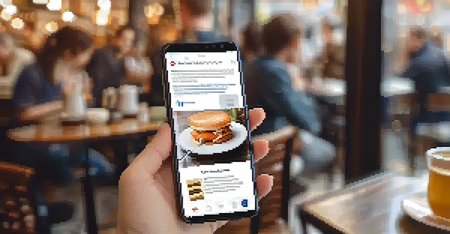 A close-up of a hand holding a smartphone showing an ad blocker interface, with a busy café blurred in the background.