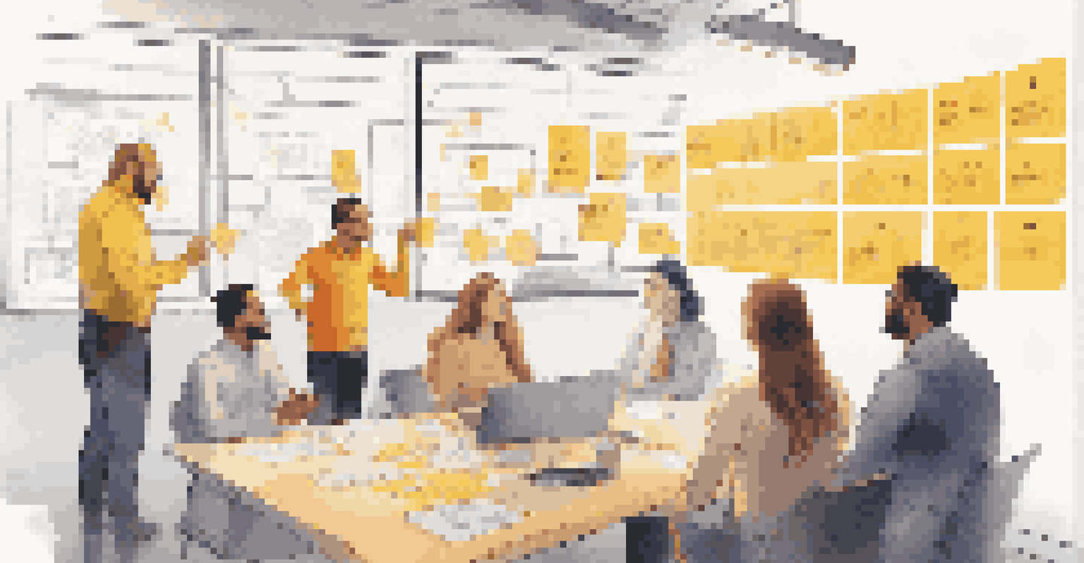 Employees in a meeting room collaborating on a digital transformation project with sticky notes and a timeline on a screen.