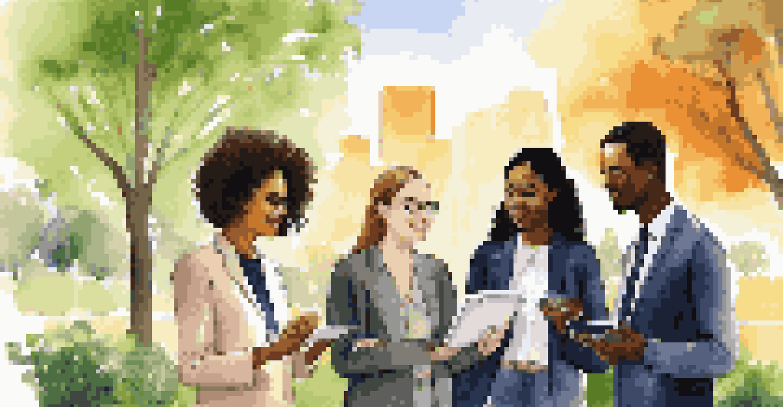 Diverse business professionals in a park discussing over a tablet displaying real-time data, surrounded by greenery and flowers.