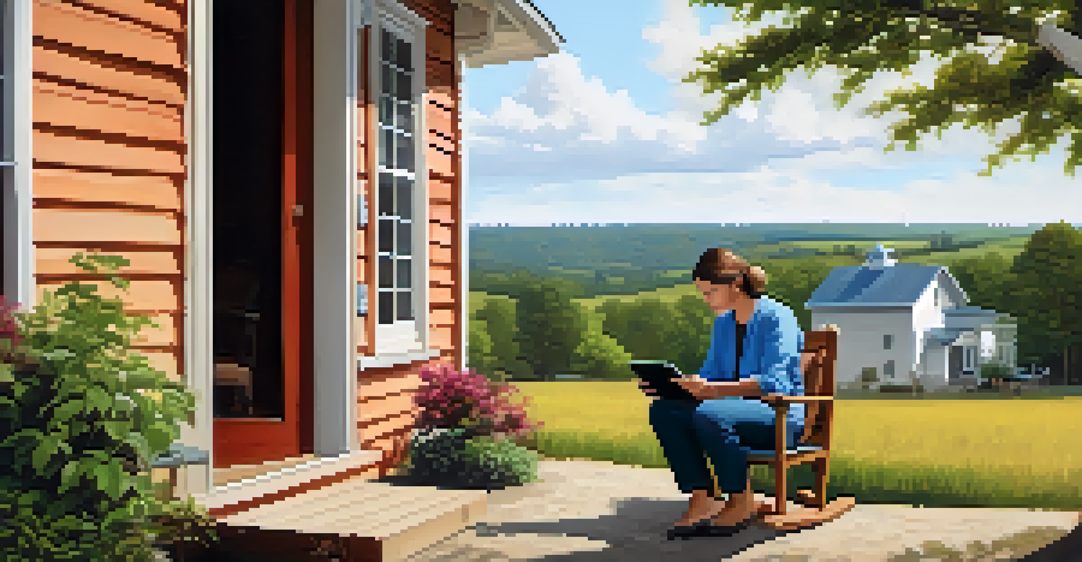 A person in a rural setting using a tablet for telemedicine, with a scenic landscape in the background.