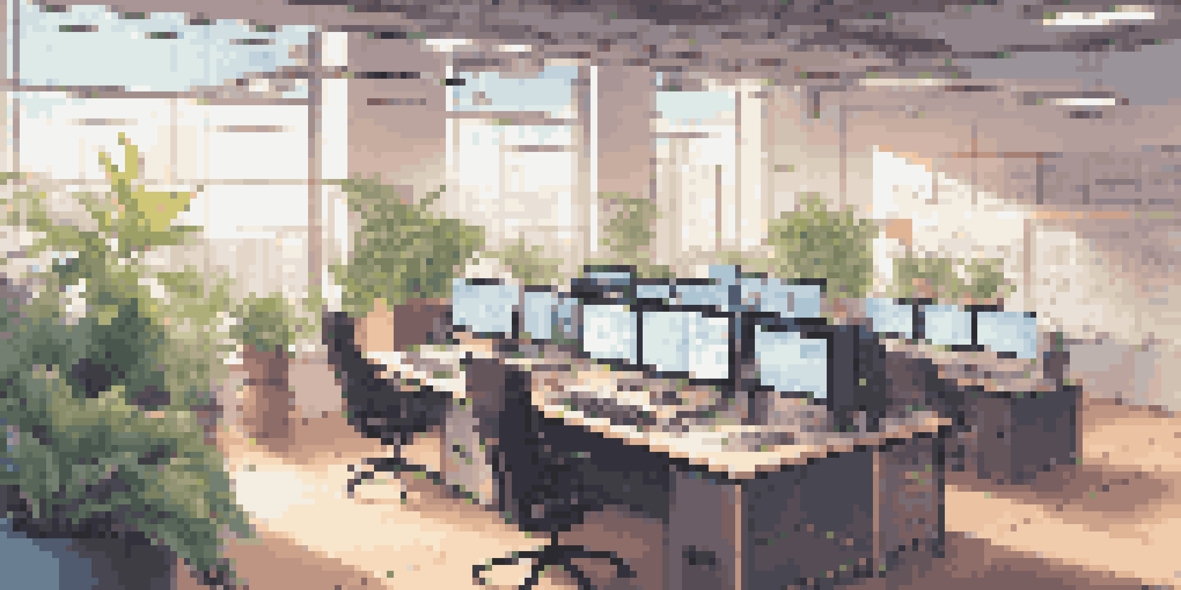 A bright and organized modern software development workspace with multiple computer screens showing code and container diagrams, illuminated by sunlight.