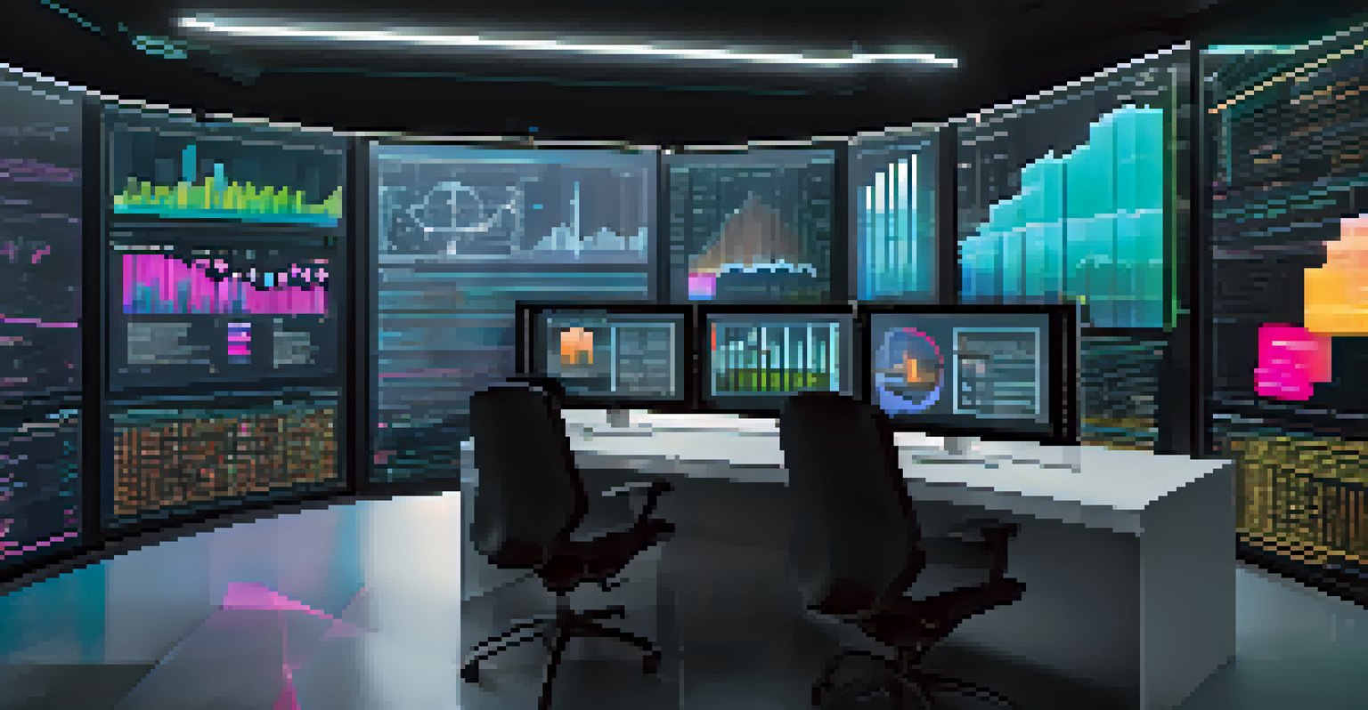 A close-up of a digital screen showcasing AI-driven data security analytics with colorful graphs and a futuristic interface.