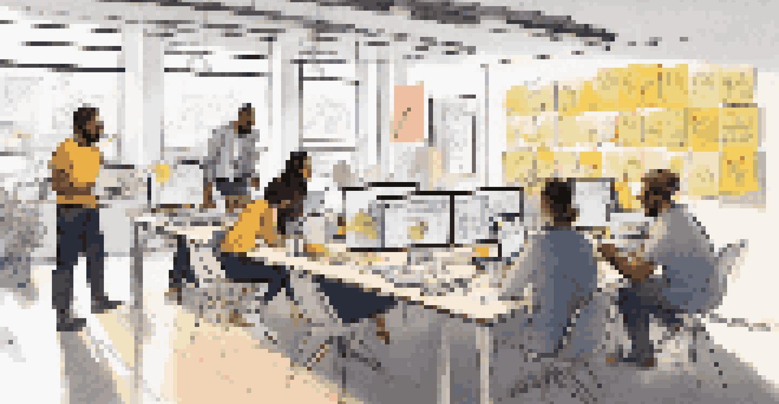 A diverse team collaborating on mobile app design in a bright workspace.