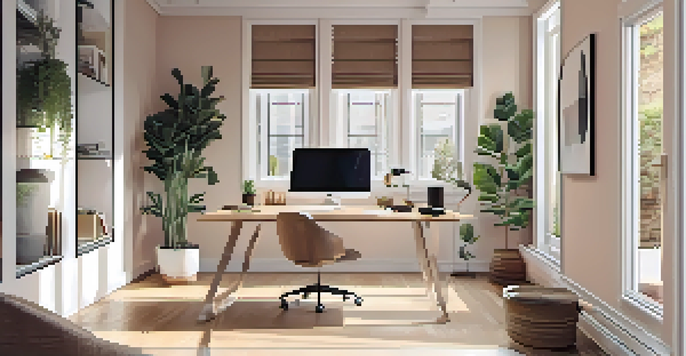 A modern workspace with a wooden desk, laptop, potted plants, and natural light coming from a window.