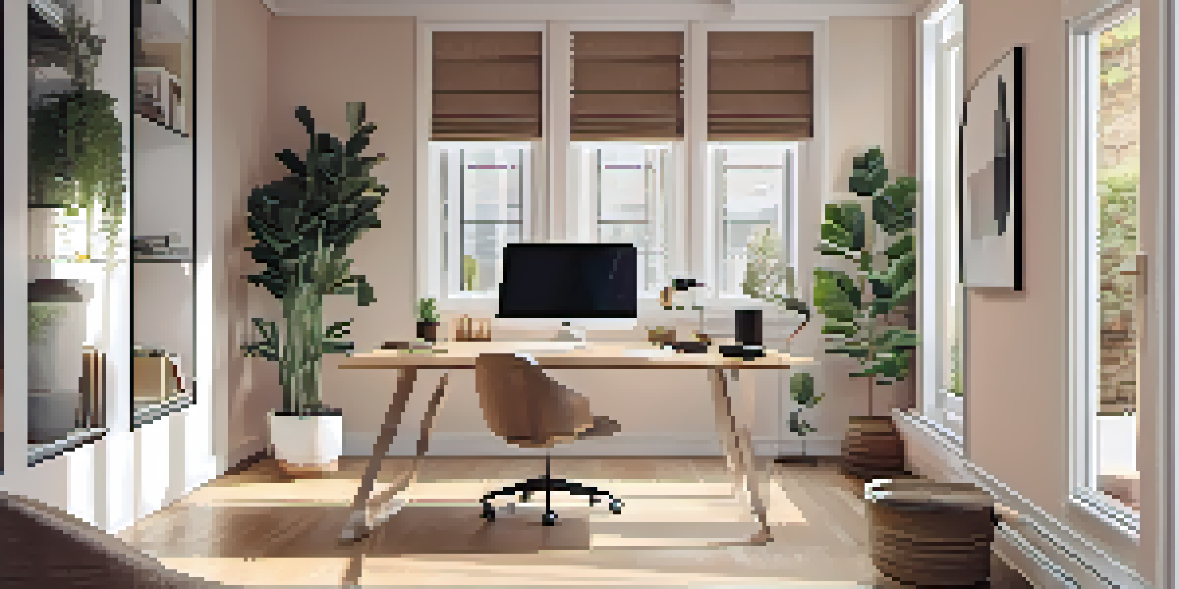 A modern workspace with a wooden desk, laptop, potted plants, and natural light coming from a window.